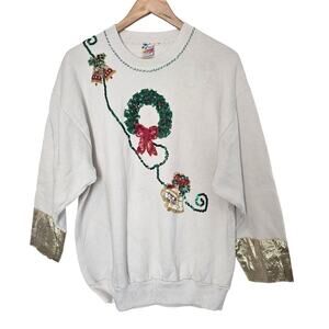 Vintage Christmas Sweater Womens Large White Sequins Beaded Grandmacore Holiday